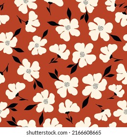 seamless vintage pattern. white flowers and black leaves.terracotta background. vector texture. fashionable print for textiles and wallpaper.