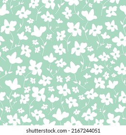 nahtloses Vintage-Muster. weiße Blumen und Blätter. hellgrüner Hintergrund. Vektorstruktur. modischer Druck für Textilien und Tapeten.