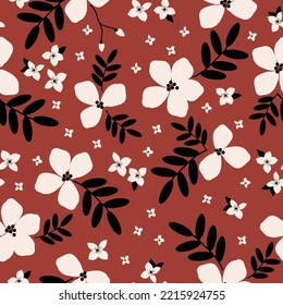 seamless vintage pattern. white  flowers, black leaves. terracotta  background. vector texture. fashionable print for textiles and wallpaper.