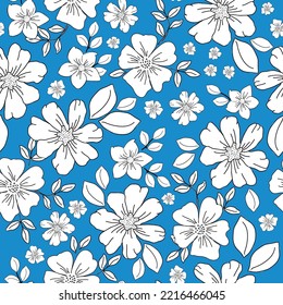 seamless vintage pattern. white flowers and leaves. black outline. blue background. vector texture. fashionable print for textiles and wallpaper.