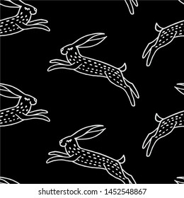 Seamless vintage pattern with white hand drawn jumping rabbits. Vector illustration background