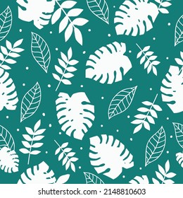 Seamless vintage pattern. White leaves, plants and dots. Turquoise background. vector texture. fashionable print for textiles, wallpaper and packaging.