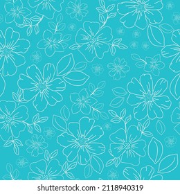 Patrón vintage sin foco. Borde blanco de flores y hojas. Fondo azul brillante. textura vectorial. impresión de moda para textiles, papel pintado y embalaje.