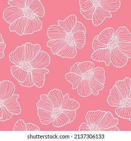 Seamless vintage pattern. white outline of flowers . pink background. vector texture. fashionable print for textiles, wallpaper and packaging.