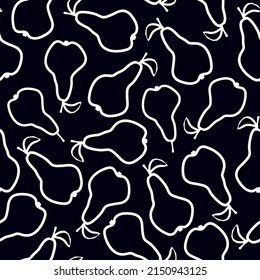 Seamless vintage pattern. White outline of a pear on a black background. vector texture. fashionable print for textiles, wallpaper and packaging.