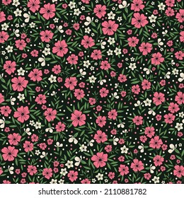 Seamless vintage pattern. White and pink flowers,dots. green leaves on a black background. vector texture. trendy print for textiles, wallpaper and packaging.