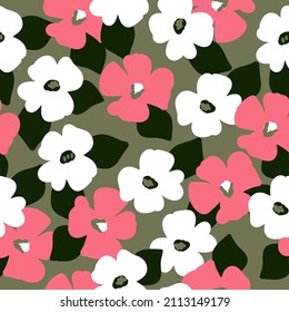 Seamless vintage pattern. White and pink flowers, dark green leaves. Green background. vector texture. fashionable print for textiles, wallpaper and packaging.