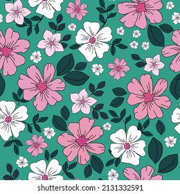 Seamless vintage pattern. White and pink flowers, dark green leaves. bright green background. vector texture. fashionable print for textiles, wallpaper and packaging.