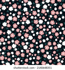 Patrón vintage sin foco. Flores blancas y rosas, hojas verdes. fondo negro. textura vectorial. impresión de moda para textiles, papel pintado y embalaje.