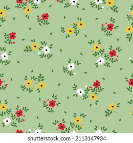 Seamless vintage pattern. White, yellow and red flowers, green leaves. Light green background. vector texture. fashionable print for textiles, wallpaper and packaging.