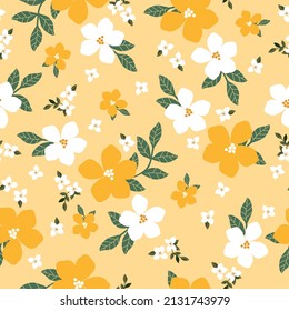 Seamless vintage pattern. White and yellow flowers, green leaves . Light yellow background. vector texture. fashionable print for textiles, wallpaper and packaging.