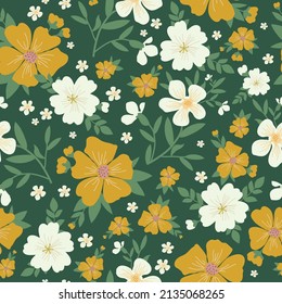 Nahtloses Vintage-Muster. Weiße und gelbe Blumen, grüne Blätter. Dunkelgrüner Hintergrund. Vektorstruktur. modischer Druck für Textilien, Tapeten und Verpackungen.