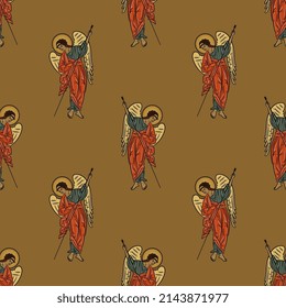 Seamless vintage pattern with winged angels or archangels holding spear. From Russian Orthodox Christian icon. On gold background.