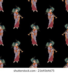 Seamless vintage pattern with winged angels playing trumpets. Medieval Christian symbol. On black background.