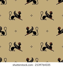 Seamless vintage pattern with winged sphinxes. Ancient Greek ethnic animal motif.