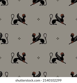 Seamless vintage pattern with winged sphinxes. Ancient Greek ethnic animal motif. On gray background.