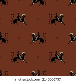 Seamless vintage pattern with winged sphinxes. Ancient Greek ethnic animal motif. On maroon red background.