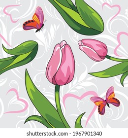 Seamless vintage pattern witn pink tulips and bright butterflies. Vector