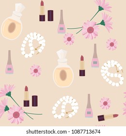 Seamless vintage pattern with women's cosmetics, beads and flowers. For decorating textiles, packaging and web design. Vector illustration.