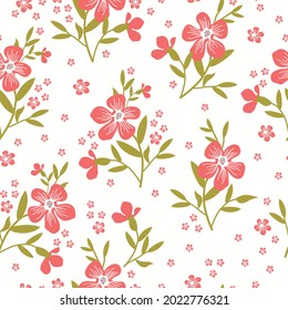 Seamless vintage pattern. Wonderful coral flowers on a white background. Vector texture. Trend print for textiles and wallpaper.