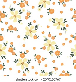 Seamless vintage pattern. wonderful light yellow and orange flowers, green leaves on a white background. vector texture. trend print for textiles, wallpaper.