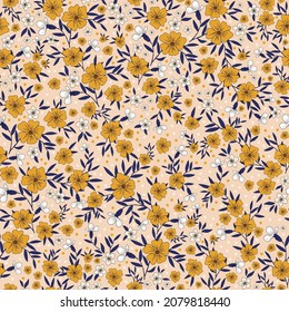 Seamless vintage pattern. Wonderful mustard and white flowers, blue leaves on a light background. vector texture. fashionable print for textiles.