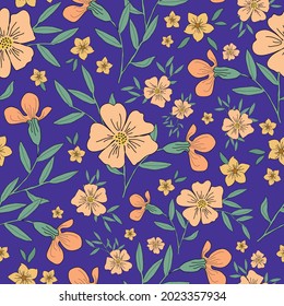 Patrón vintage sin foco. Maravillosas flores anaranjadas, hojas verdes sobre un fondo azul brillante. Textura vectorial. Impresión de tendencia para textiles y papel pintado.