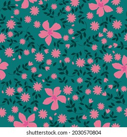 Seamless vintage pattern. wonderful pink flowers, dark green leaves on a green background. vector texture. trend print for textiles and wallpaper.
