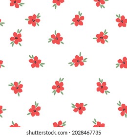 Seamless vintage pattern. wonderful red flowers, green leaves on a white background. vector texture. trend print for textiles and wallpaper.