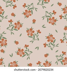 Seamless vintage pattern. Wonderful terracotta flowers, green leaves on a light background. vector texture. fashionable print for textiles.