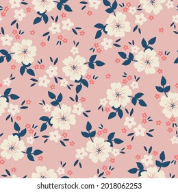 Seamless vintage pattern. wonderful white flowers, blue leaves. pink background. vector texture. trend print for textiles and wallpaper.