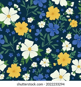 Patrón vintage sin foco. Maravillosas flores blancas, amarillas y azules sobre un fondo azul oscuro. Textura vectorial. Impresión de tendencia para textiles y papel pintado.