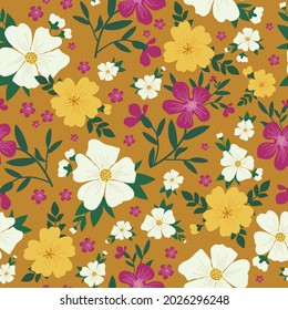 Seamless vintage pattern. Wonderful white, yellow and pink flowers on a mustard background. vector texture. trend print for textiles and wallpaper.
