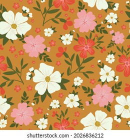 Seamless vintage pattern . wonderful white, pink and coral flowers on a mustard background. vector texture. trend print for textiles and wallpaper.
