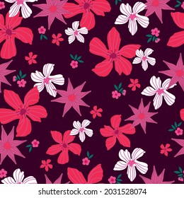 Seamless vintage pattern. wonderful white and pink flowers on a maroon background. vector texture. a trendy print for textiles and wallpaper.