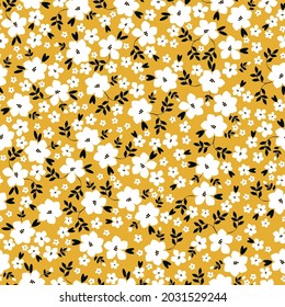 Seamless vintage pattern. wonderful white flowers,black leaves on a yellow background. vector texture. a trendy print for textiles and wallpaper.