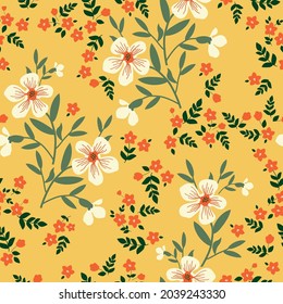 Seamless vintage pattern. wonderful white and small orange flowers, green leaves . yellow background. vector texture. trend print for textiles and wallpaper.