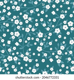 Seamless vintage pattern . Wonderful white flowers light blue leaves on a turquoise background. vector texture. trend print for textiles and wallpaper, packaging.