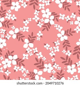 Seamless vintage pattern. wonderful white flowers, dark pink leaves on a pink background. vector texture. trend print for textiles and wallpaper.

