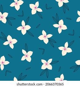 Seamless vintage pattern. wonderful white flowers and black outline of leaves on a blue background. vector texture. fashionable print for textiles, wallpaper and packaging.