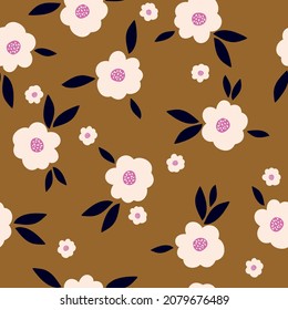 Patrón vintage sin foco. flores blancas maravillosas, hojas azules oscuras sobre un fondo marrón. textura vectorial. impresión de moda para textiles.