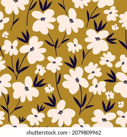 Seamless vintage pattern. Wonderful white flowers, dark blue leaves on a mustard background. vector texture. fashionable print for textiles.