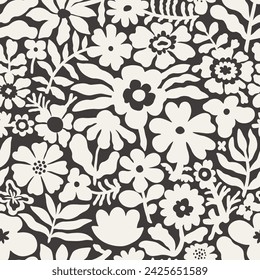 Seamless vintage pattern with wonderful white flowers on a black background in vector texture. This fashionable print is perfect for use on textiles and wallpaper.