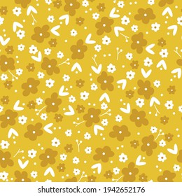 seamless vintage pattern . yellow background. white flowers, leaves, dots . vector texture. trend print for textiles and wallpaper.