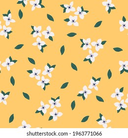 seamless vintage pattern . yellow background. white flowers. green leaves. vector texture. trend print for textiles and wallpaper.