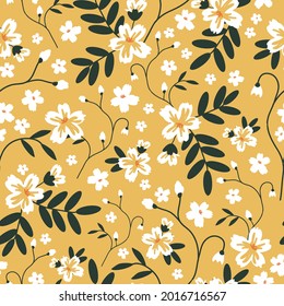 Seamless vintage pattern. yellow background . wonderful white flowers. dark green leaves . vector texture. trend print for textiles.