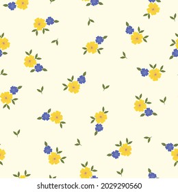 Seamless vintage pattern. yellow and blue flowers, green leaves on a white background. vector texture. An elegant template for fashionable prints.