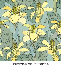 Seamless vintage pattern with yellow canna lily on blue background