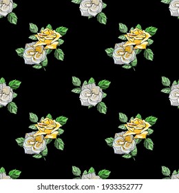 Seamless vintage pattern. Yellow and creamy bright roses, graceful rose petals. Square floral vector illustration. Black background. Used for printing on paper, fabric, wallpaper, packaging, etc.