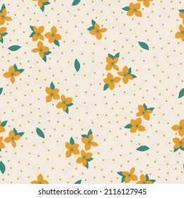 Nahtloses Vintage-Muster. Gelbe Blumen und Punkte, grüne Blätter. heller Hintergrund. Vektorstruktur. modischer Druck für Textilien, Tapeten und Verpackungen.